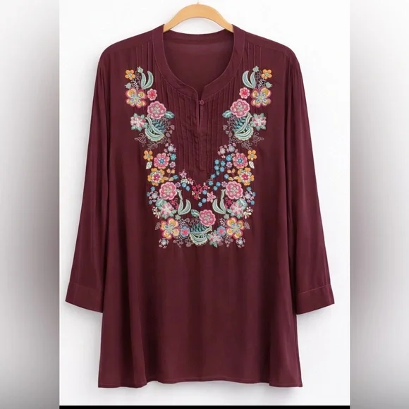 Johnny Was Embroidered V-Neck Tunic Top - Wine
